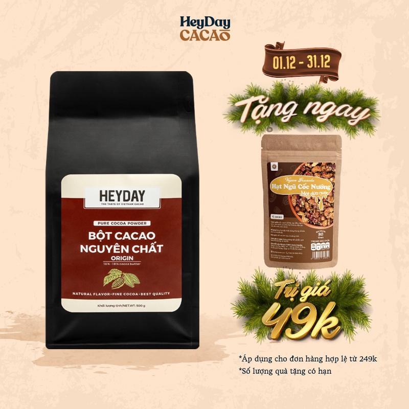 Túi zip 500g Bột cacao nguyên chất 100% không đường Heyday - Dòng Origin thượng hạng - Chuẩn UTZ Quốc Tế