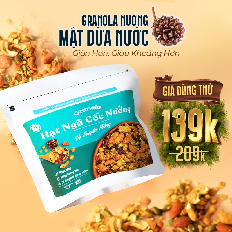 Granola nướng giòn tan, Vị Truyền Thống, Túi 150g/400g, Dùng mật dừa nước, 0 trái cây sấy - Hạt ngũ cốc giảm cân- Heyday