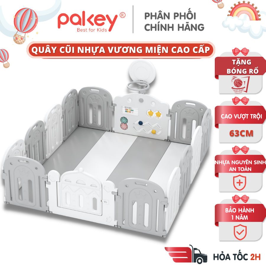 Quây Cũi Nhựa PAKEY Crown Nhật Bản 2023 Tặng Cột Bóng Rổ+ Thảm + 100 Bóng - Quây Nhựa Nguyên Sinh An Toàn Cho Bé