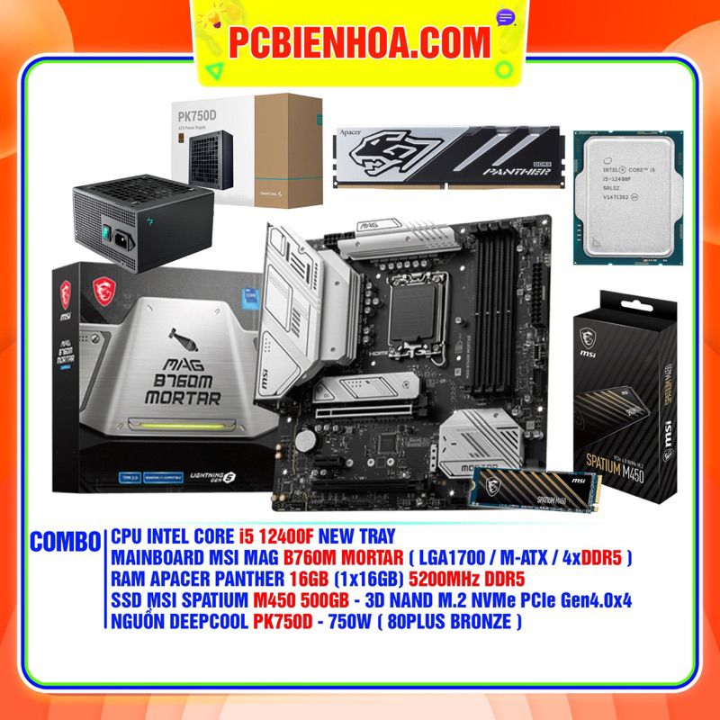 Combo máy tính I5 12400F B760M 16G 500G 750W- 36T