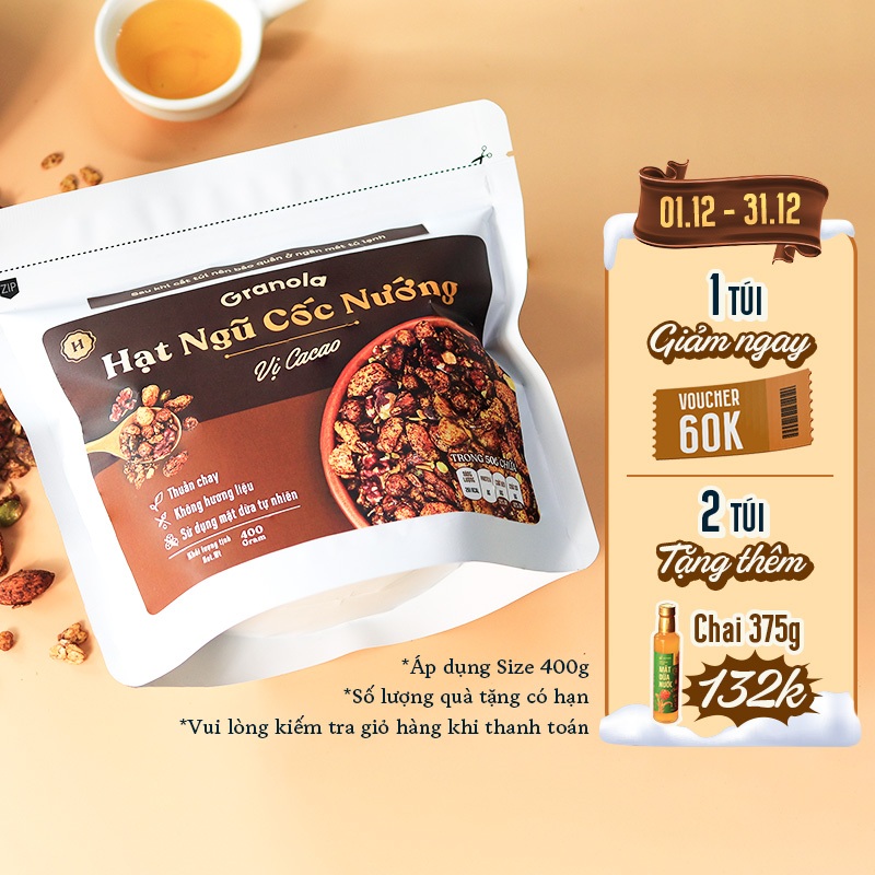 Granola nướng giòn tan,Vị Cacao - Túi 150g/400g, Dùng mật dừa nước, 0 trái cây sấy - Hạt ngũ cốc giảm cân- Heyday