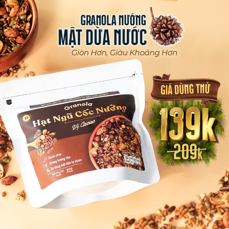 Granola nướng giòn tan,Vị Cacao - Túi 150g/400g, Dùng mật dừa nước, 0 trái cây sấy - Hạt ngũ cốc giảm cân- Heyday