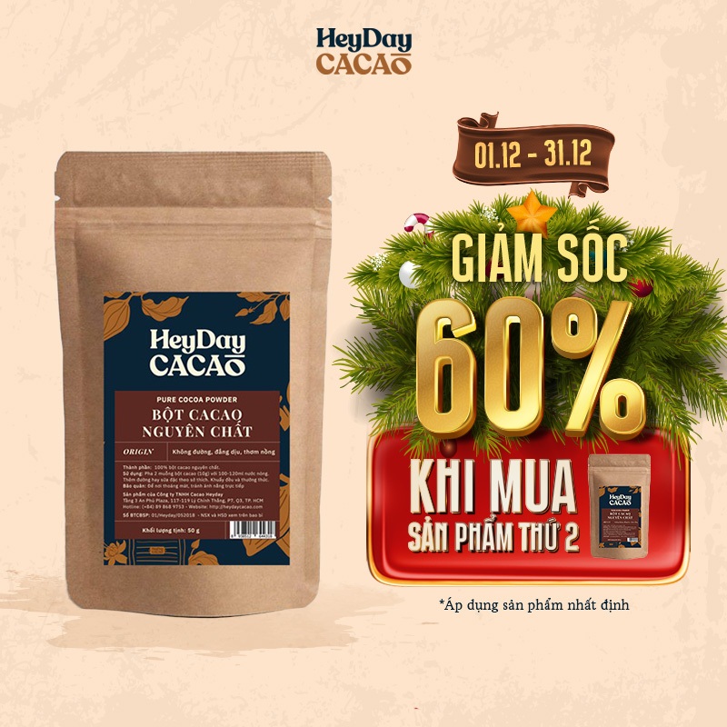 Túi 50g Bột cacao nguyên chất 100% không đường Heyday - Dòng Origin thượng hạng - Chuẩn UTZ Quốc Tế