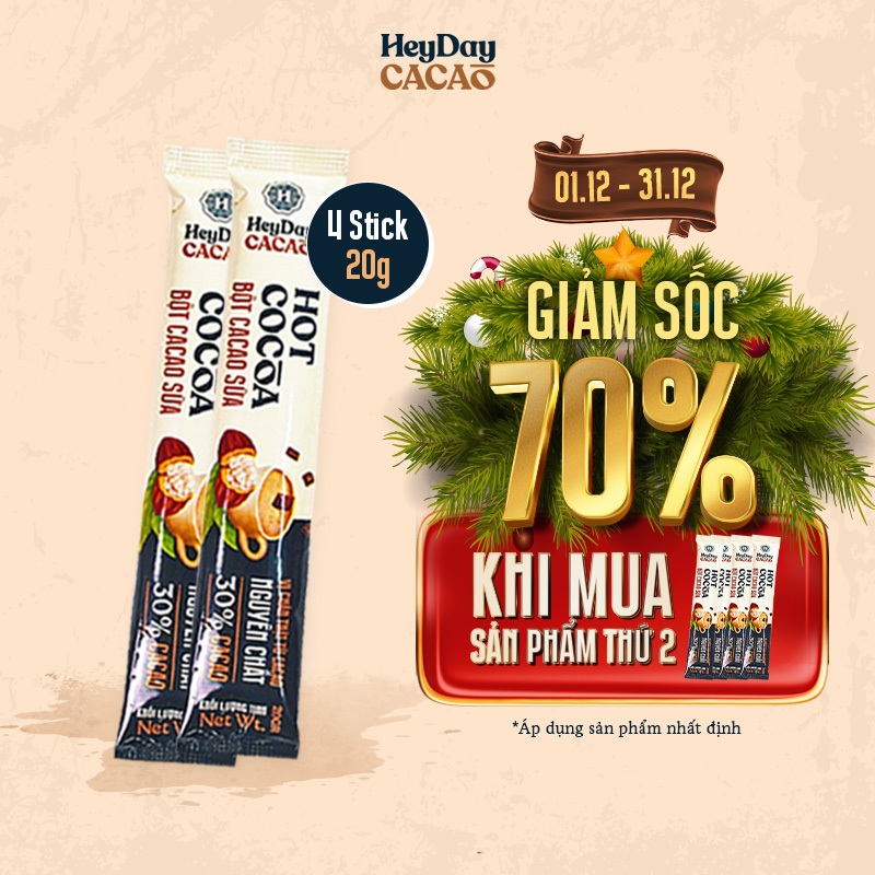 Bột Cacao Sữa Heyday - Đậm vị chân thật từ cacao nguyên chất - Combo 4 gói tiện lợi 20g