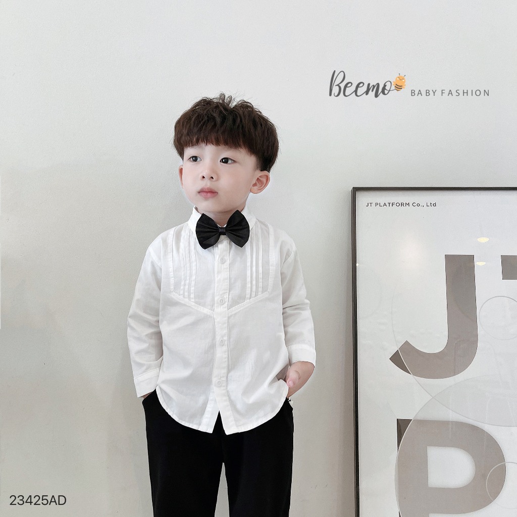 Áo sơ mi dài tay Beemo cho bé trai, xếp li nổi , vải thô Hàn cao cấp, mặc đi học, đi chơi 23425AD