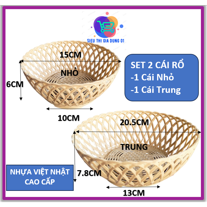Set 2 Rổ tròn nhựa việt nhật 2 Size Nhỏ Và Trung giả đan mây, đa năng, rổ đựng rau sống tiện lợi