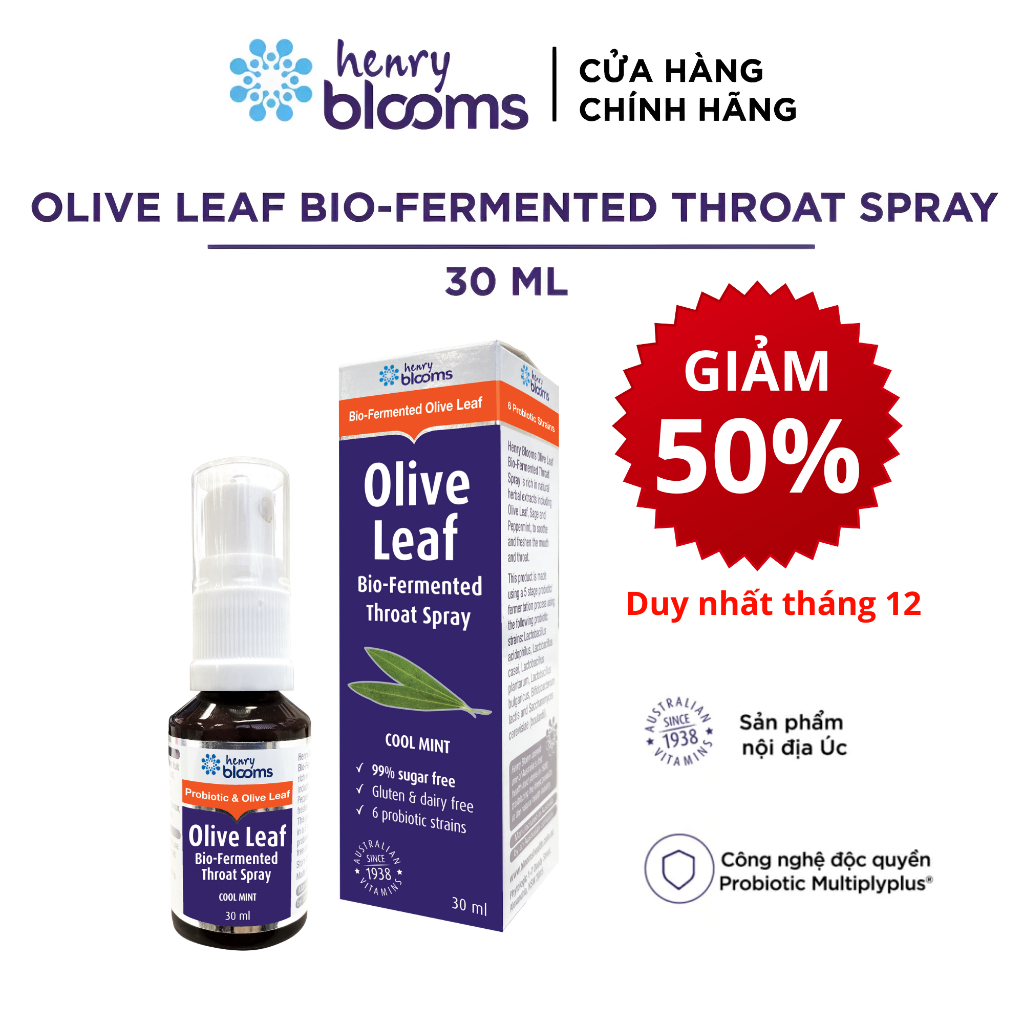 Xịt họng Henry Blooms Olive Leaf Bio-Fermented Throat Spray 30ml giúp làm sạch răng miệng hầu họng, giảm ho, đau họng