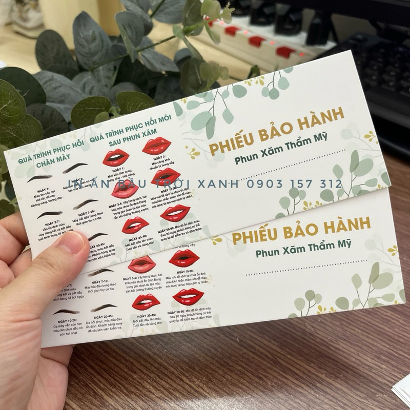 Phiếu bảo hành - kèm hướng dẫn chăm sóc sau phun xăm 7x18cm