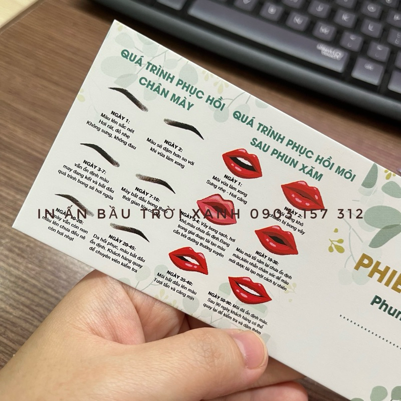 Phiếu bảo hành - kèm hướng dẫn chăm sóc sau phun xăm 7x18cm