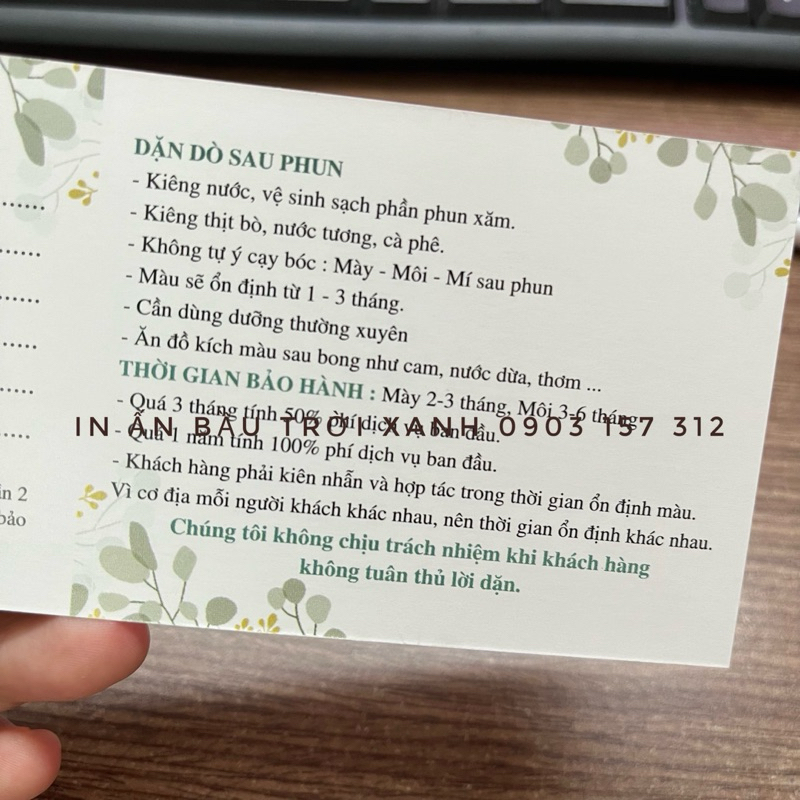 Phiếu bảo hành - kèm hướng dẫn chăm sóc sau phun xăm 7x18cm