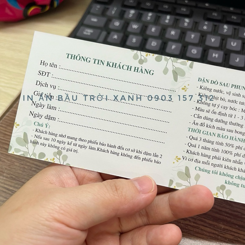 Phiếu bảo hành - kèm hướng dẫn chăm sóc sau phun xăm 7x18cm