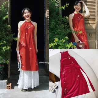 SET ÁO DÀI CỔ YẾM + CHÂN VÁY MIDI TRẮNG 🌟