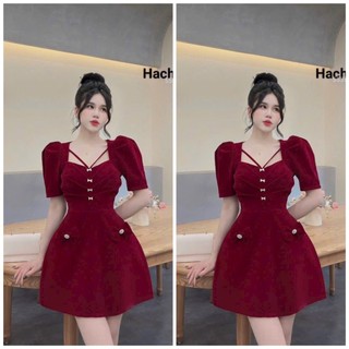 Váy đầm nữ chất nhung tay bồng phối dây đính nơ thiết kế trẻ trung nhã nhặn thích hợp dự tiệc và các dip lễ tết