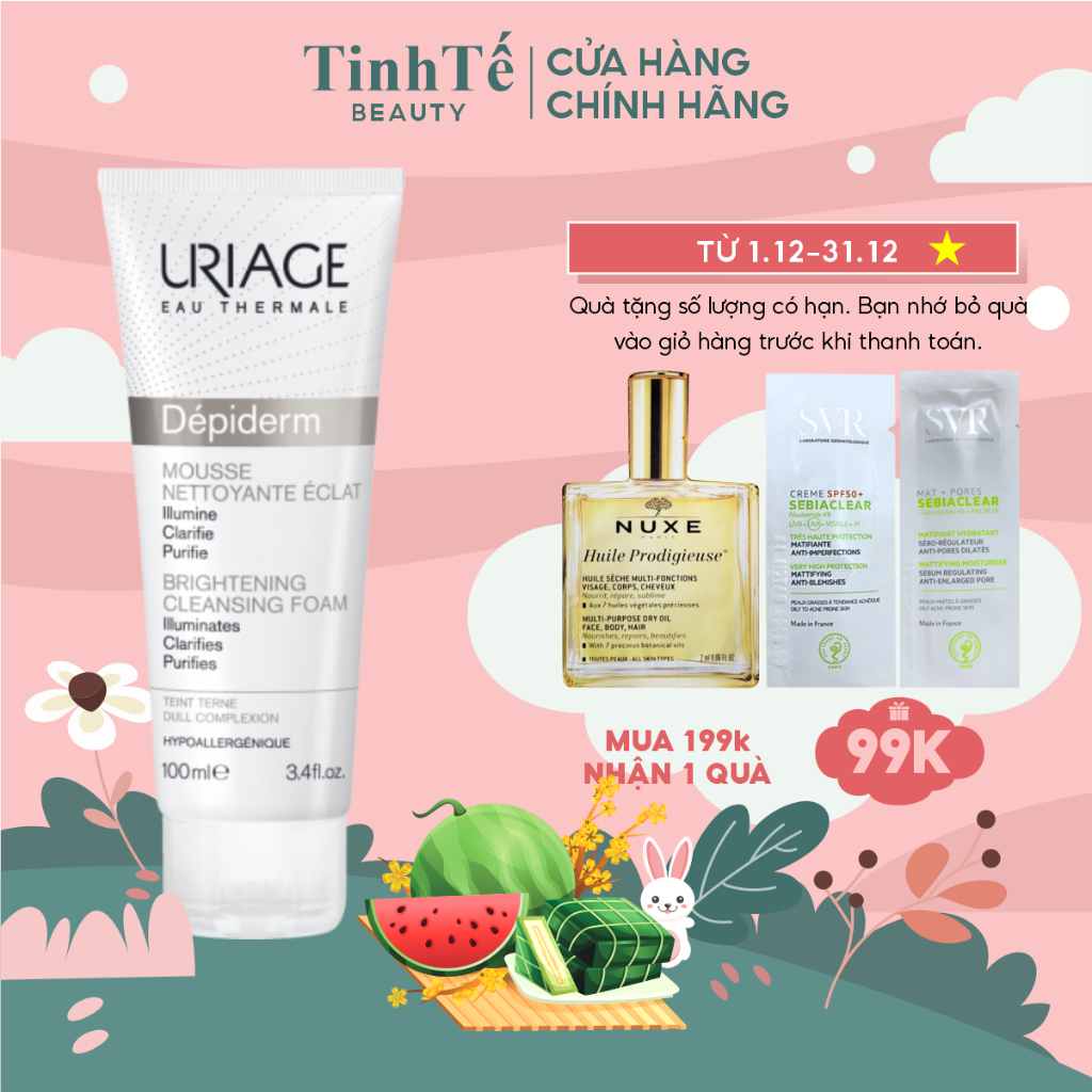 Sữa rửa mặt dạng bọt làm sáng da URIAGE DÉPIDERM MOUSSE NETTOYANTE ÉCLAT 100ml