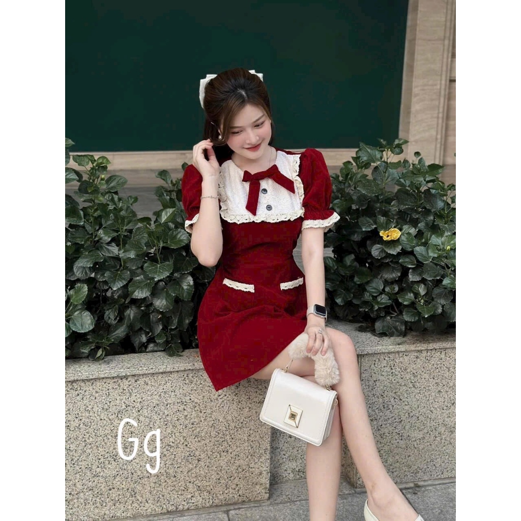 Đầm nhung phối ren hotgirl đi chơi noel tết cực xinh, dáng chữ A mặc tôn dáng