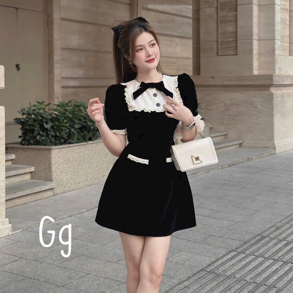 Đầm nhung phối ren hotgirl đi chơi noel tết cực xinh, dáng chữ A mặc tôn dáng