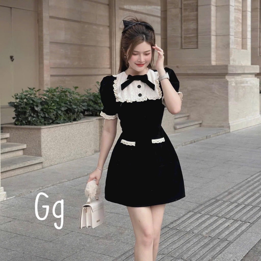 Đầm nhung phối ren hotgirl đi chơi noel tết cực xinh, dáng chữ A mặc tôn dáng