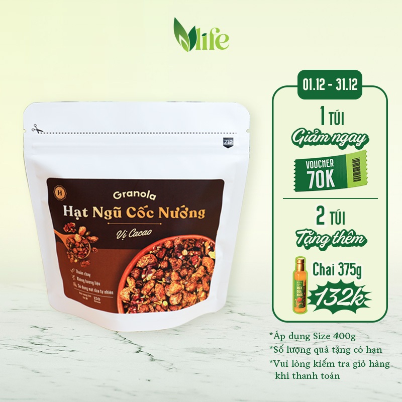 Granola nướng giòn tan, Vị Cacao, Túi 150g/400g, Dùng mật dừa nước, 0 trái cây sấy, GI Thấp - Hạt ngũ cốc giảm cân