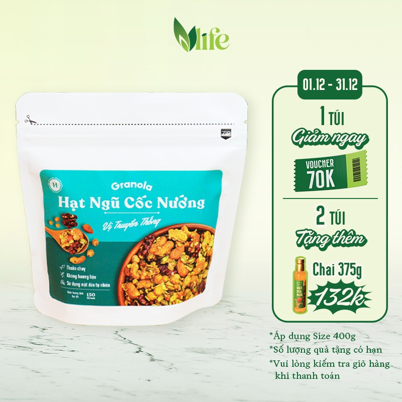 Granola nướng giòn tan, Vị Truyền Thống, Túi 150g/400g, Dùng mật dừa nước, 0 trái cây sấy - Hạt ngũ cốc giảm cân- Heyday