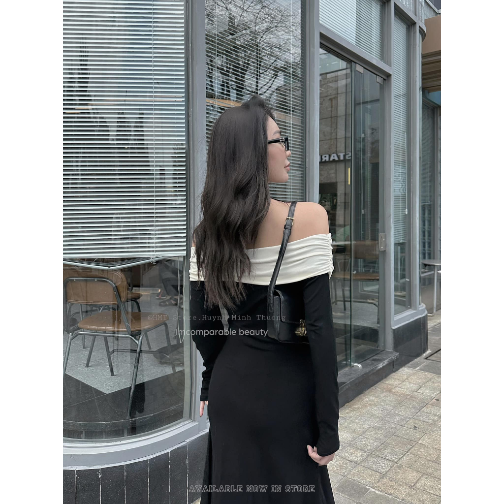 Đầm body trễ vai phối kem