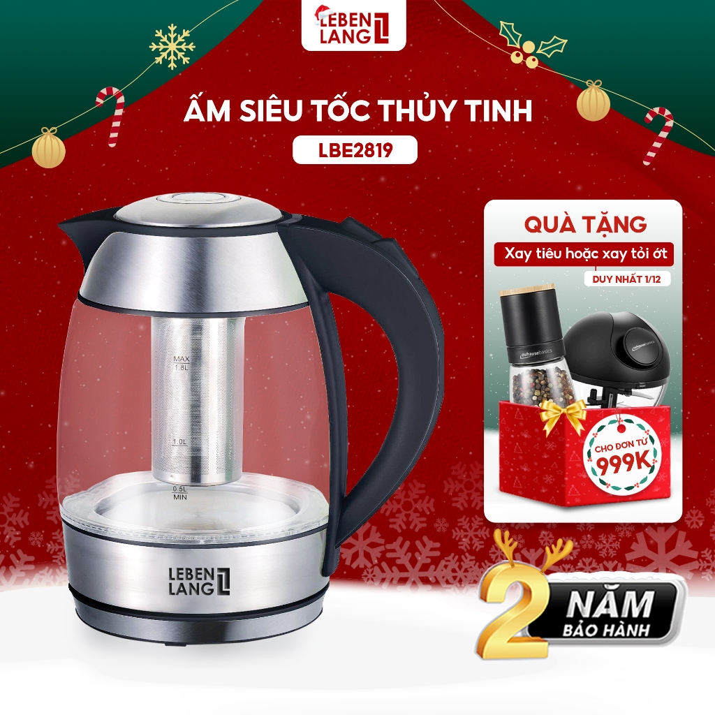 Ấm siêu tốc 1.8 lít bình thủy tinh LEBENLANG từ Đức gồm lõi lọc trà bằng inox, bảo hành 2 năm - LBE2819