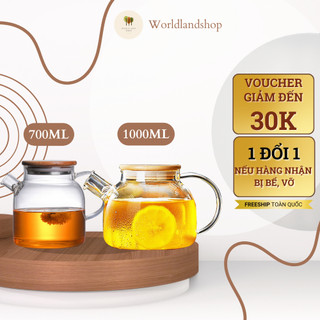 Bình Trà Thủy Tinh Nắp Gỗ Lõi Lọc Lò Xo 700ml, 1000ml