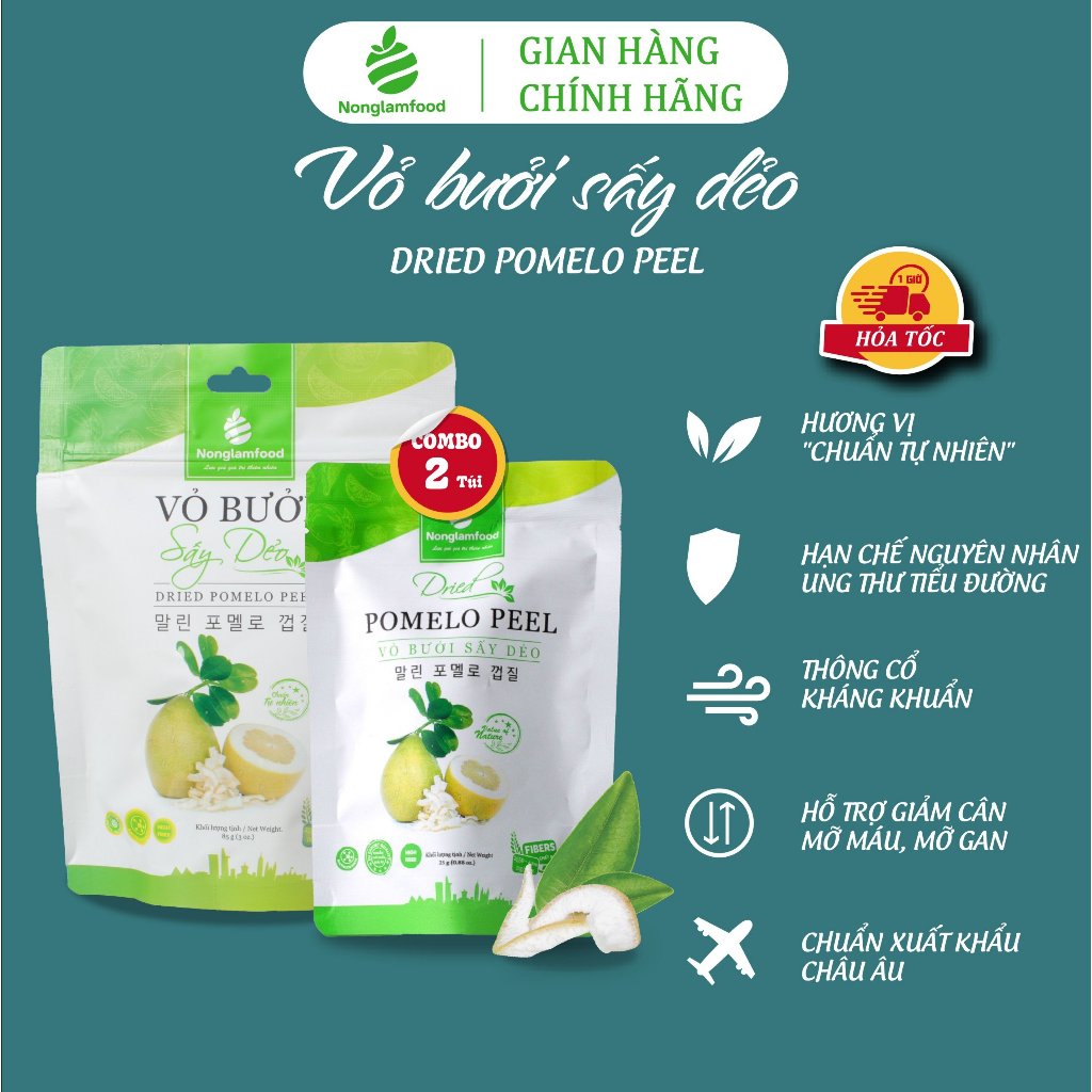 Vỏ bưởi sấy dẻo Nonglamfood gói 25g, 85g | Ăn vặt văn phòng | Hiệu quả cho người ăn kiêng, giảm cân, tăng đề kháng.