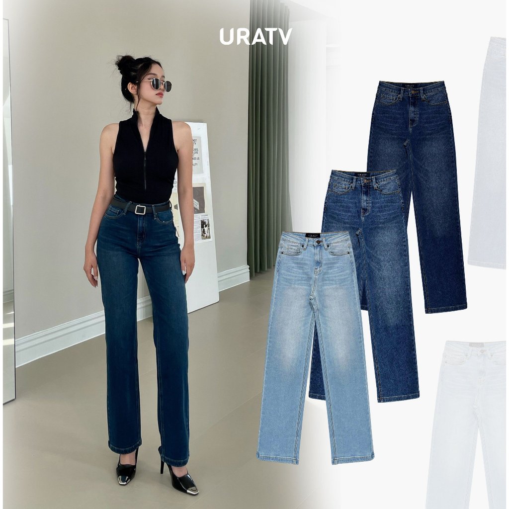 Quần jeans suông dài 98cm ống đứng lưng cao co giãn URATV
