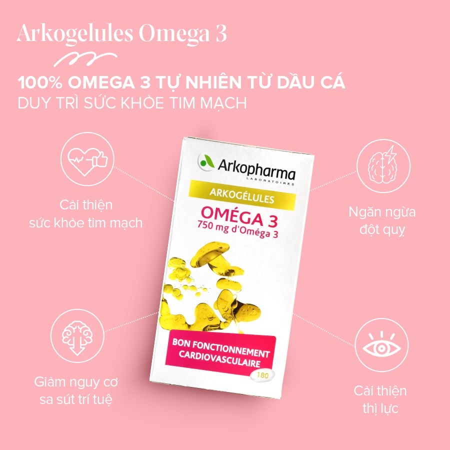 [KHÔNG VỎ HỘP] Viên uống dầu cá hỗ trợ tim mạch Arkopharma Arkogelules Omega 3 180 viên/hộp