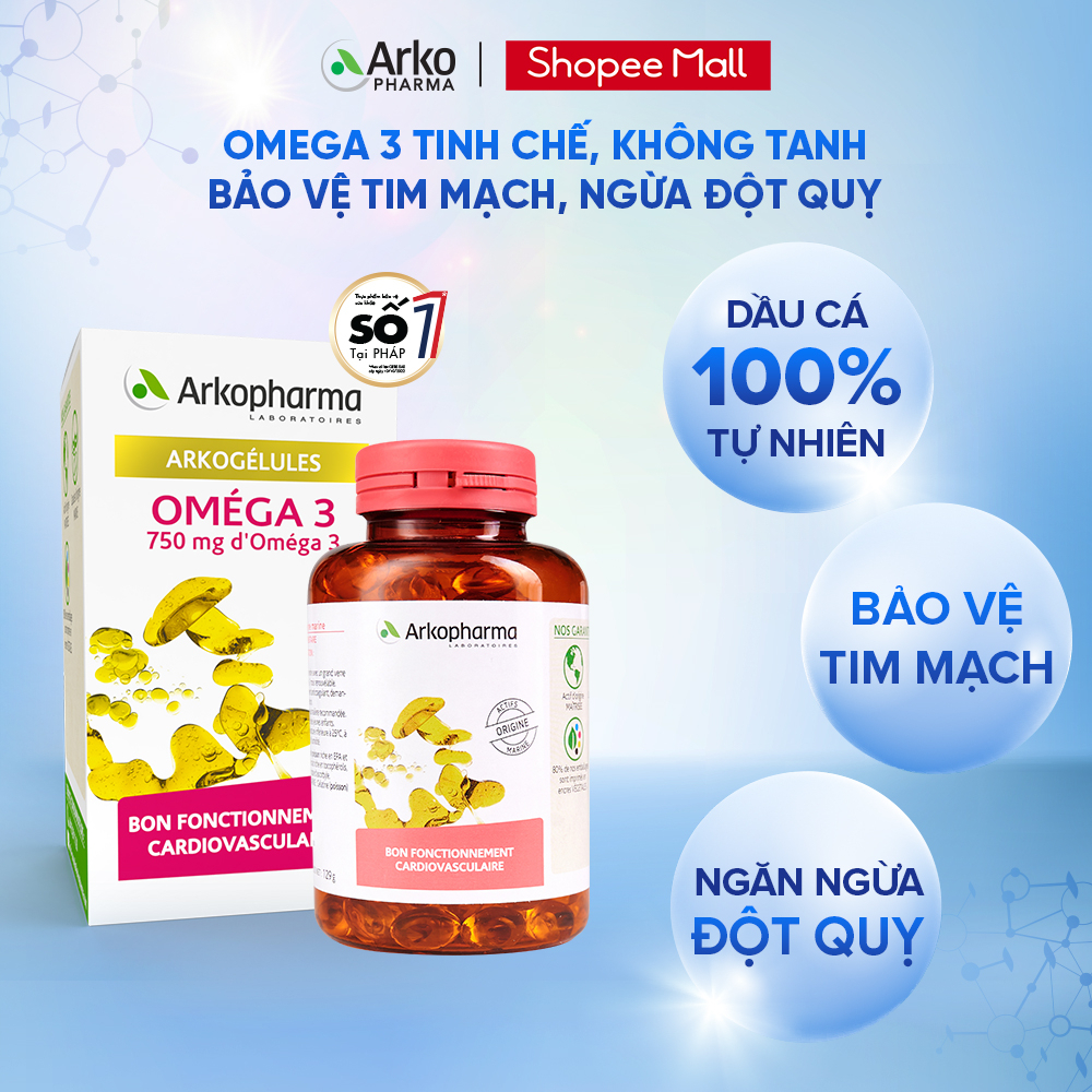 [KHÔNG VỎ HỘP] Viên uống dầu cá hỗ trợ tim mạch Arkopharma Arkogelules Omega 3 180 viên/hộp