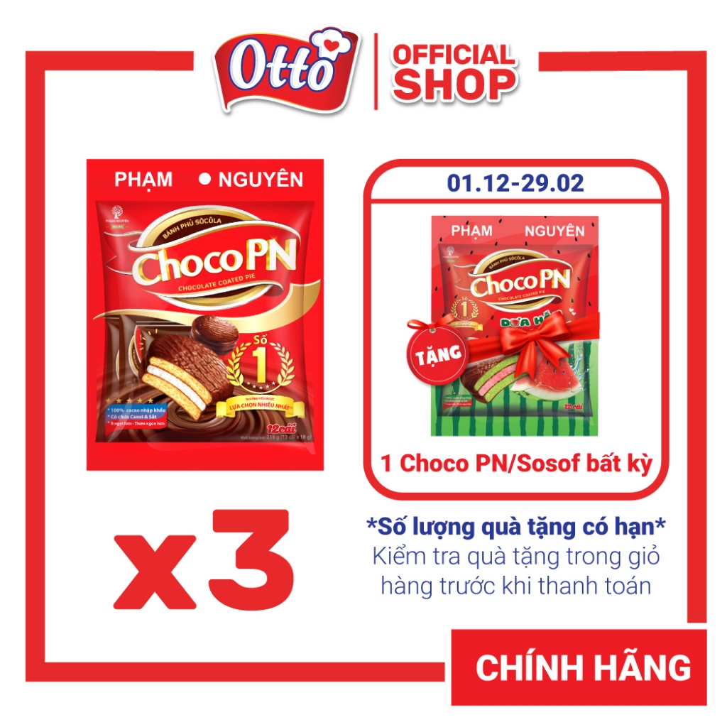Combo 3 Bịch Bánh phủ socola Choco PN - Thương hiệu số một 216g | Bánh ăn vặt Socola | Đồ ăn vặt