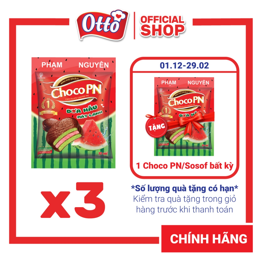 Combo 3 Túi Bánh phủ socola Choco PN Dưa Hấu 204g | Bánh ăn vặt Socola | Đồ ăn vặt