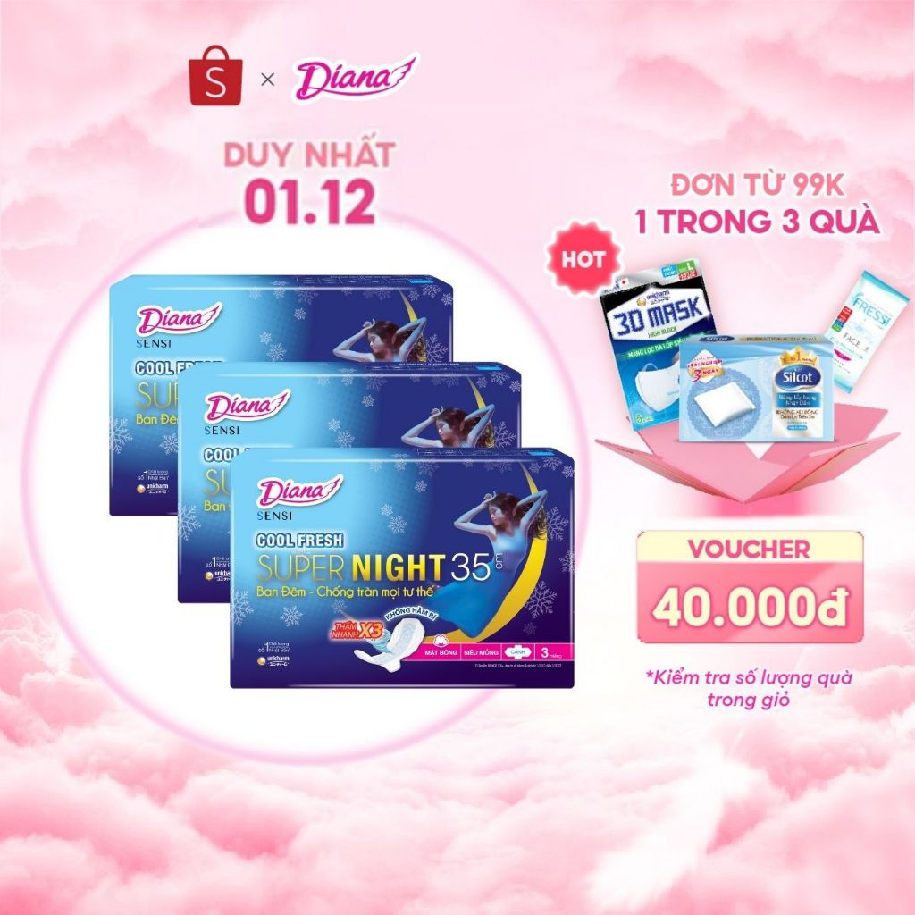 Bộ 3 gói băng vệ sinh Diana Sensi Cool Fresh Supernight 35cm 3 miếng/gói (New)