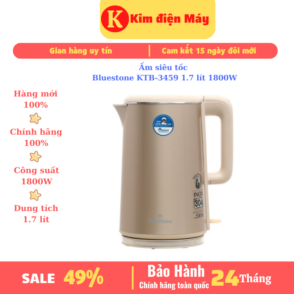 Ấm siêu tốc Bluestone KTB-3459,bình đun nước siêu tốc inox 2 lớp-1l7 1800W,bảo hành 24 tháng toàn quốc