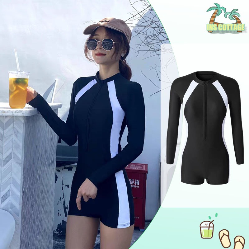 【INS】bikini đi biển áo tắm liền thân đi biển tay dài khóa kéo che khuyết điểm đồ bơi nữ kín đáo màu đen tôn dáng bikini