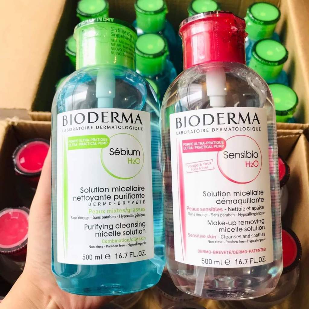 Nước Tẩy Trang Bioderma 500ml Crealine H2O Nắp Nhấn Màu Hồng  , nắp nhấn xanh