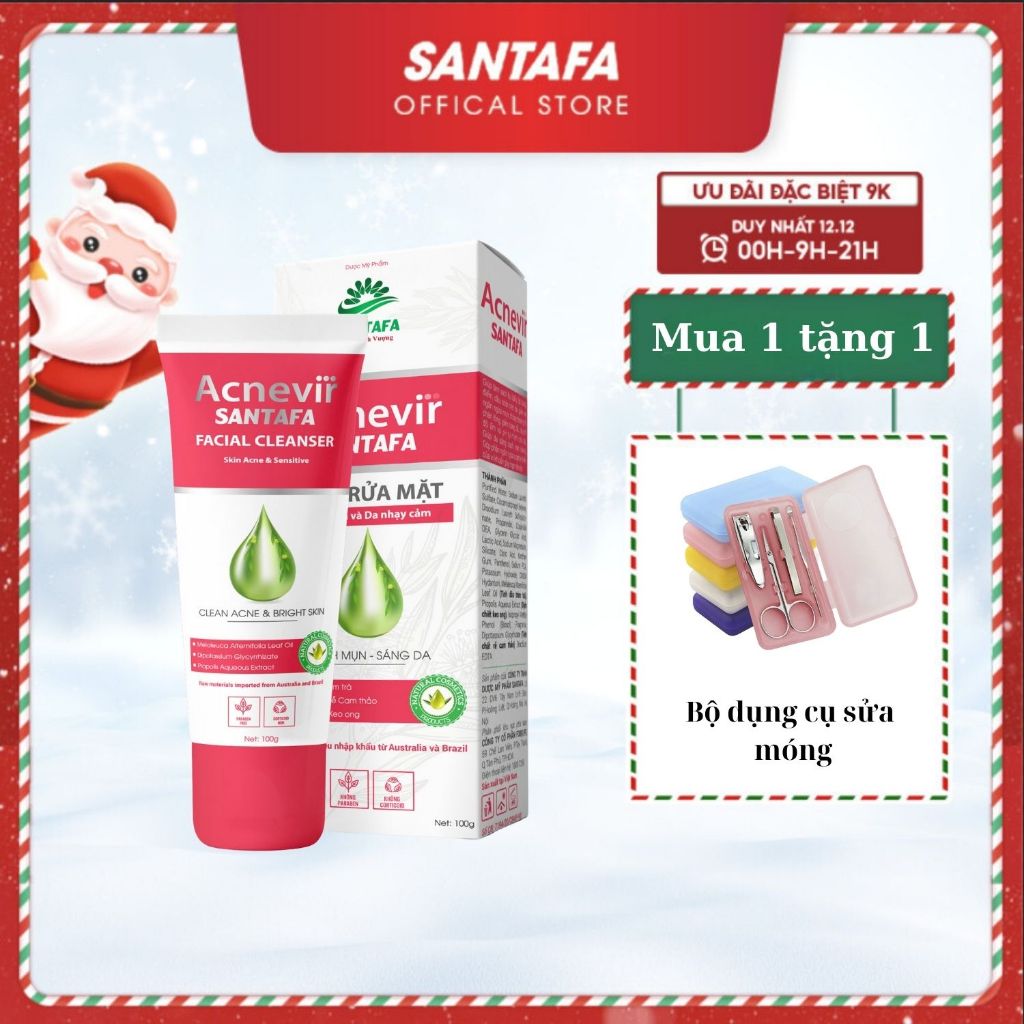 Sữa Rửa Mặt tinh chất rễ cam thảo Acnevir đỏ Santafa ngừa mụn, giảm dầu nhờn, khoá ẩm, dùng cho da nhạy cảm - Tuýp 100g