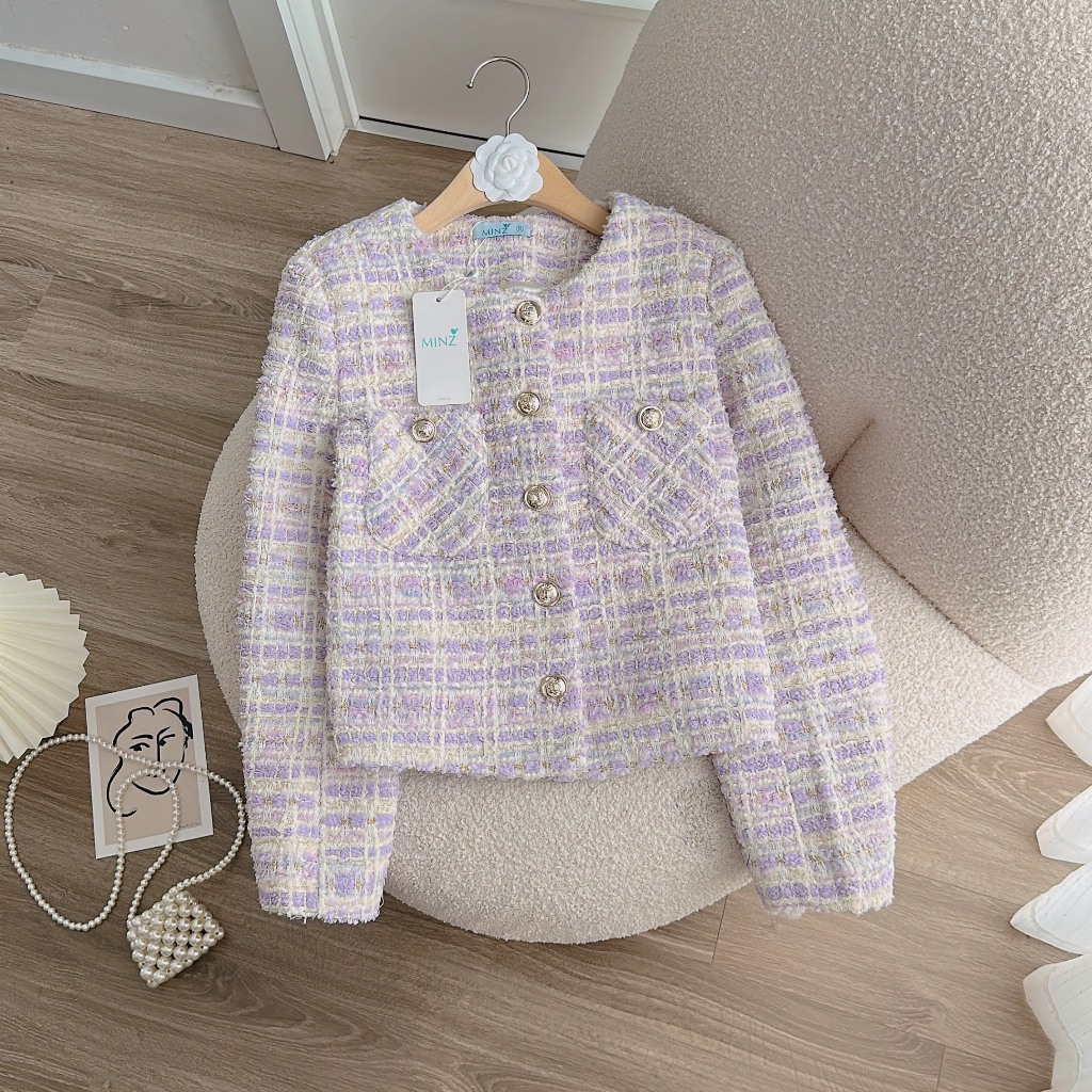 Áo Dạ Tweed Kim Tuyến MINZ STORE Mã 3301, Thiết Kế 2 Túi Phong Cách Hàn Quốc