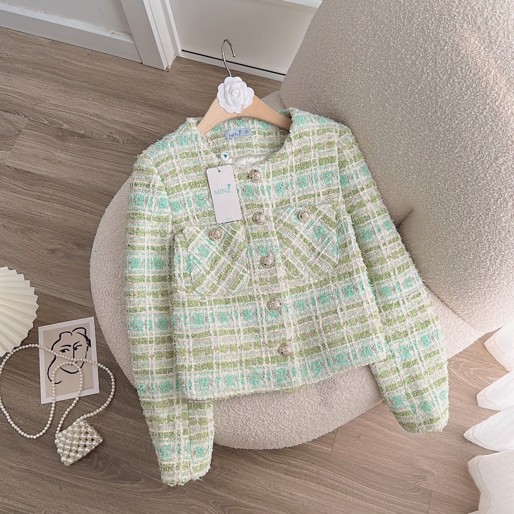 Áo Dạ Tweed Kim Tuyến MINZ STORE Mã 3301, Thiết Kế 2 Túi Phong Cách Hàn Quốc