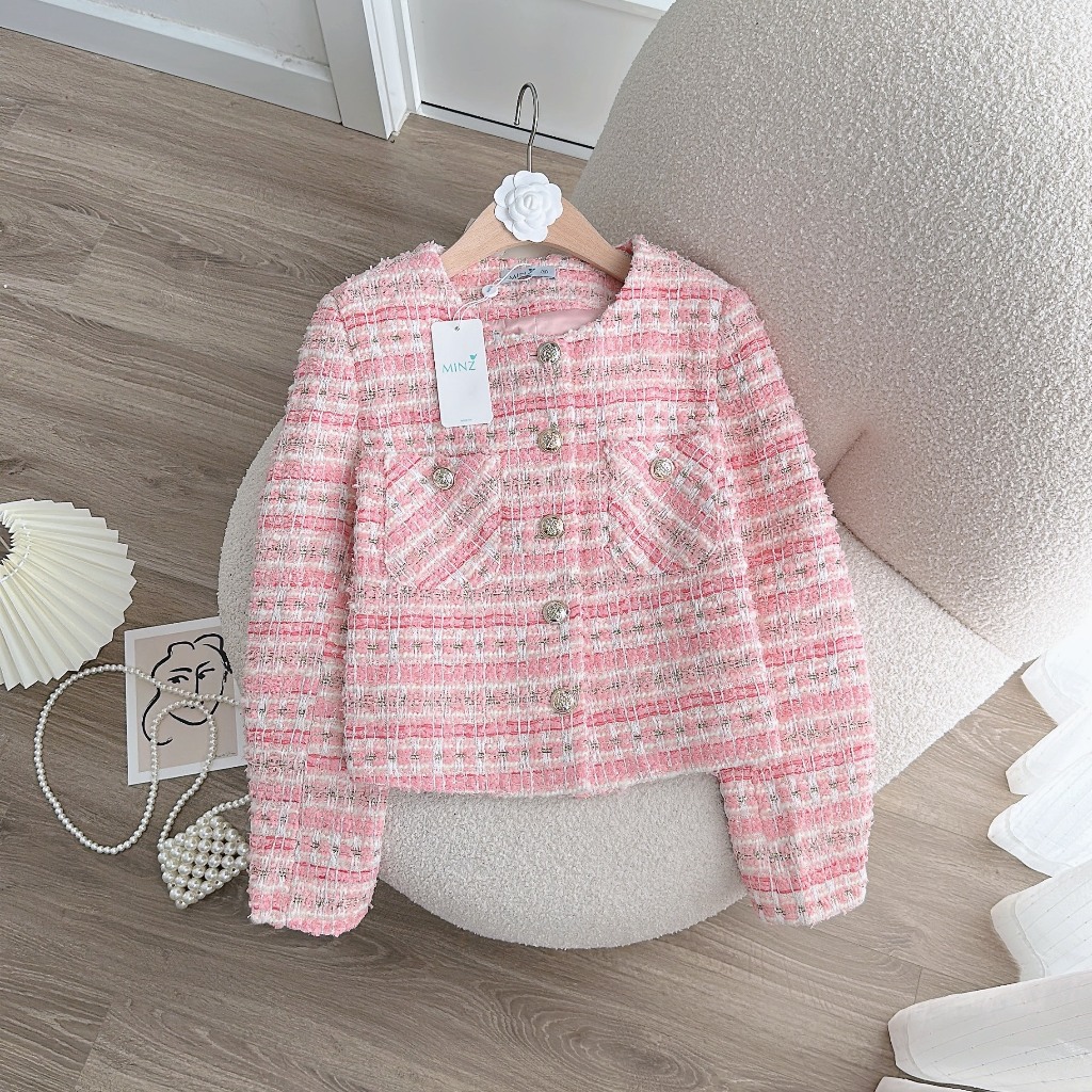 Áo Dạ Tweed Kim Tuyến MINZ STORE Mã 3301, Thiết Kế 2 Túi Phong Cách Hàn Quốc