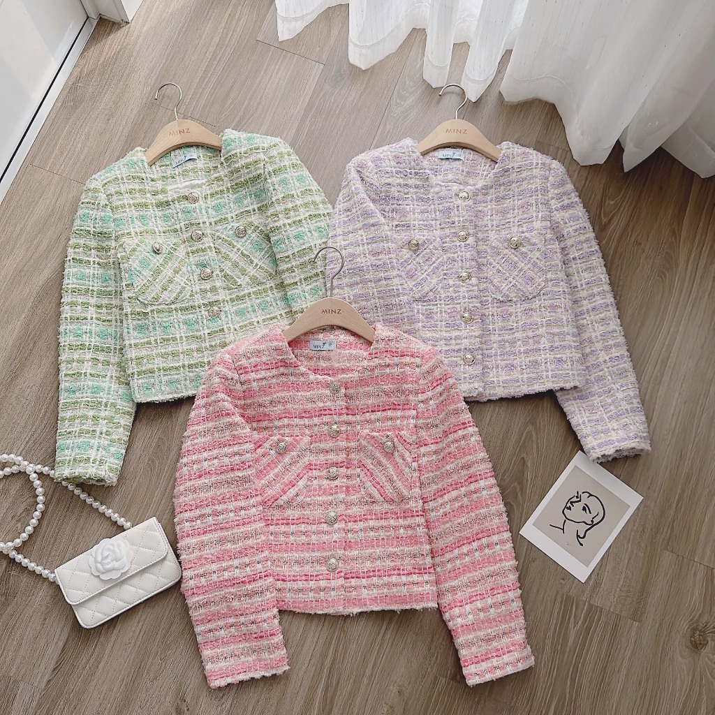 Áo Dạ Tweed Kim Tuyến MINZ STORE Mã 3301, Thiết Kế 2 Túi Phong Cách Hàn Quốc