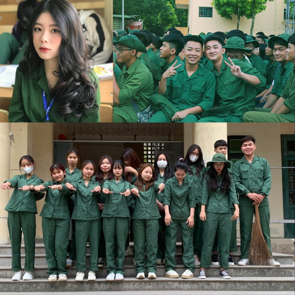 Combo 2 bộ tăng 1 mũ tai bèo quần áo dụng cụ học tập, bảo hộ lao động vải kaki màu xanh lá loại đẹp