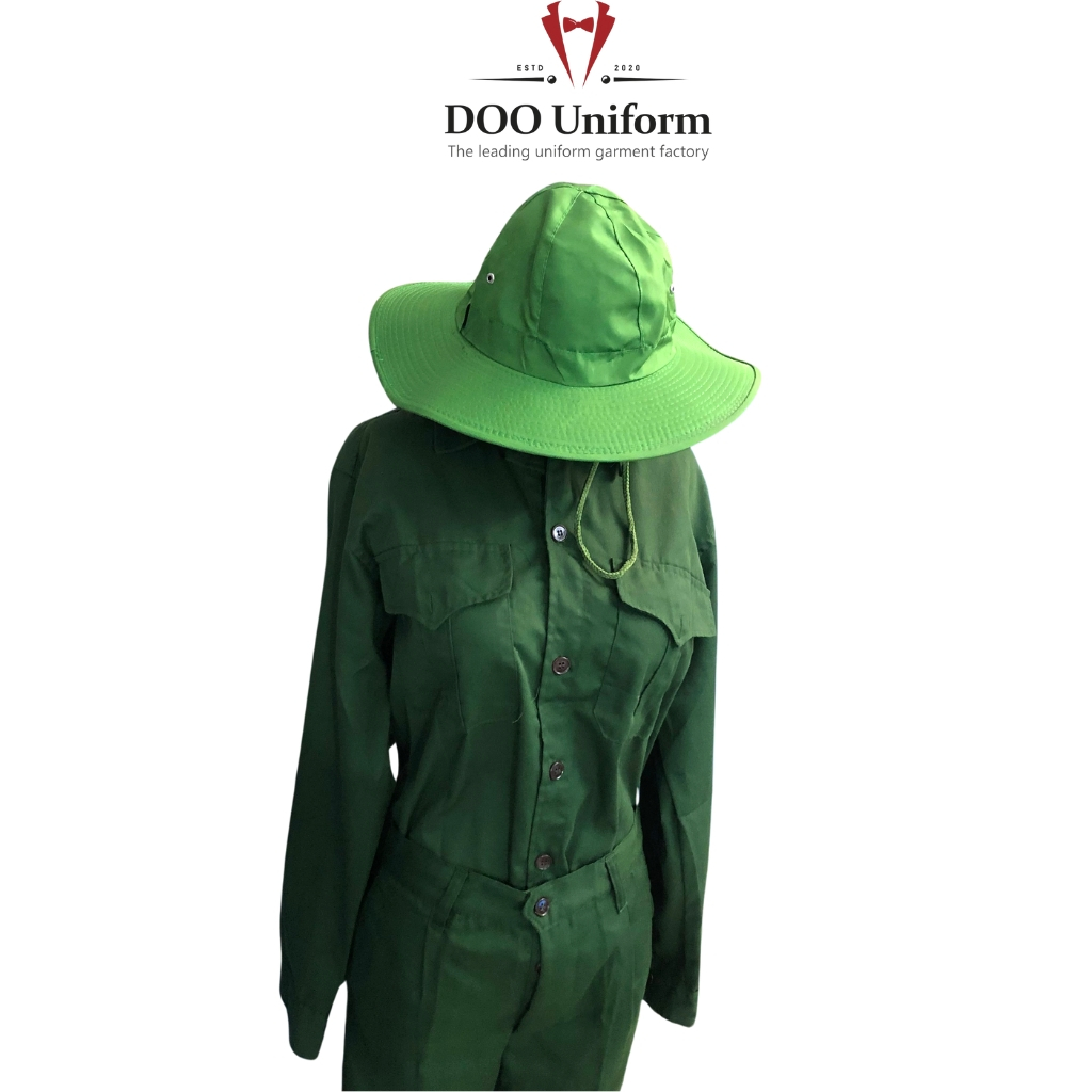 Combo 2 bộ tăng 1 mũ tai bèo quần áo dụng cụ học tập, bảo hộ lao động vải kaki màu xanh lá loại đẹp