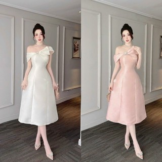 Đầm dự tiệc lệch vai dáng dài kèm tag hoa đá dress