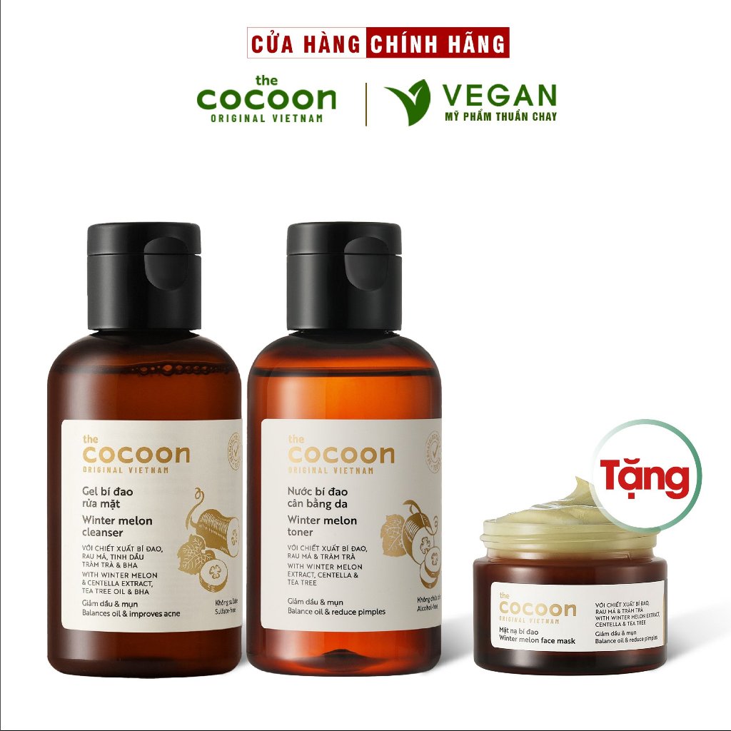 Bộ 3 Gồm Gel rửa mặt bí đao 140ml + Toner nước cân bằng da 140ml + Mặt nạ bí đao cocoon 30ml