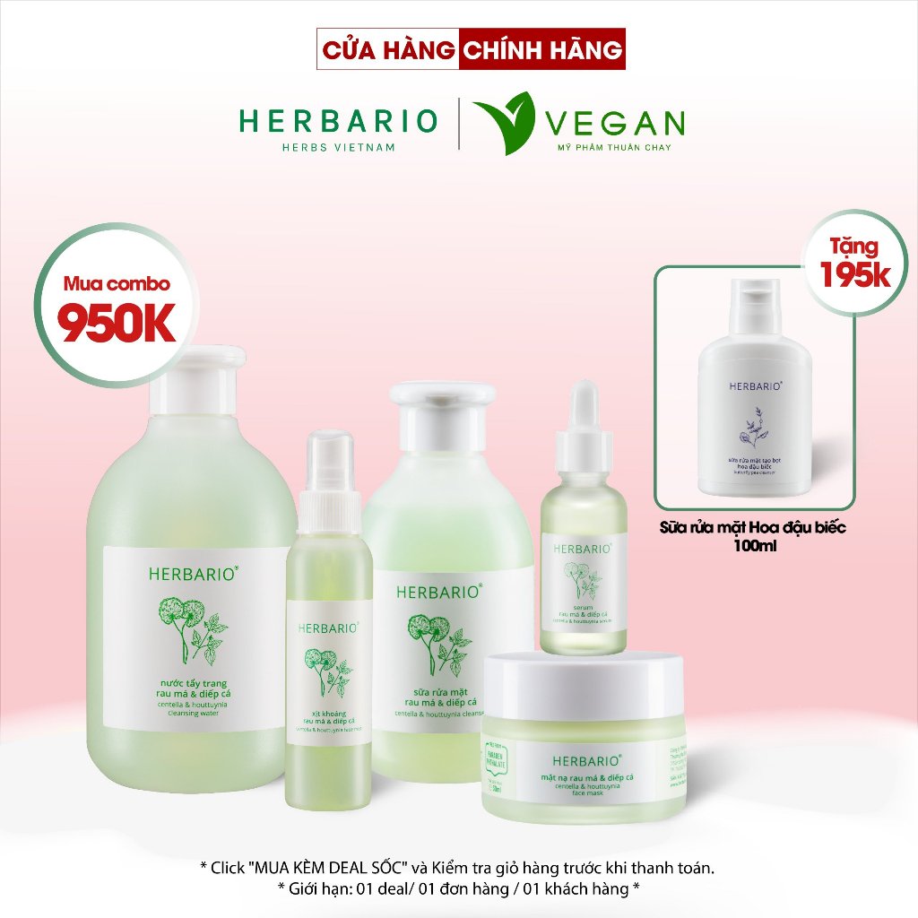 Bộ 5 rau má và diếp cá Herbario: Nước tẩy trang 300ml + Sữa rửa măt 200ml + Xịt khoáng 100ml +Mặt nạ 30ml+Tinh chất 30ml