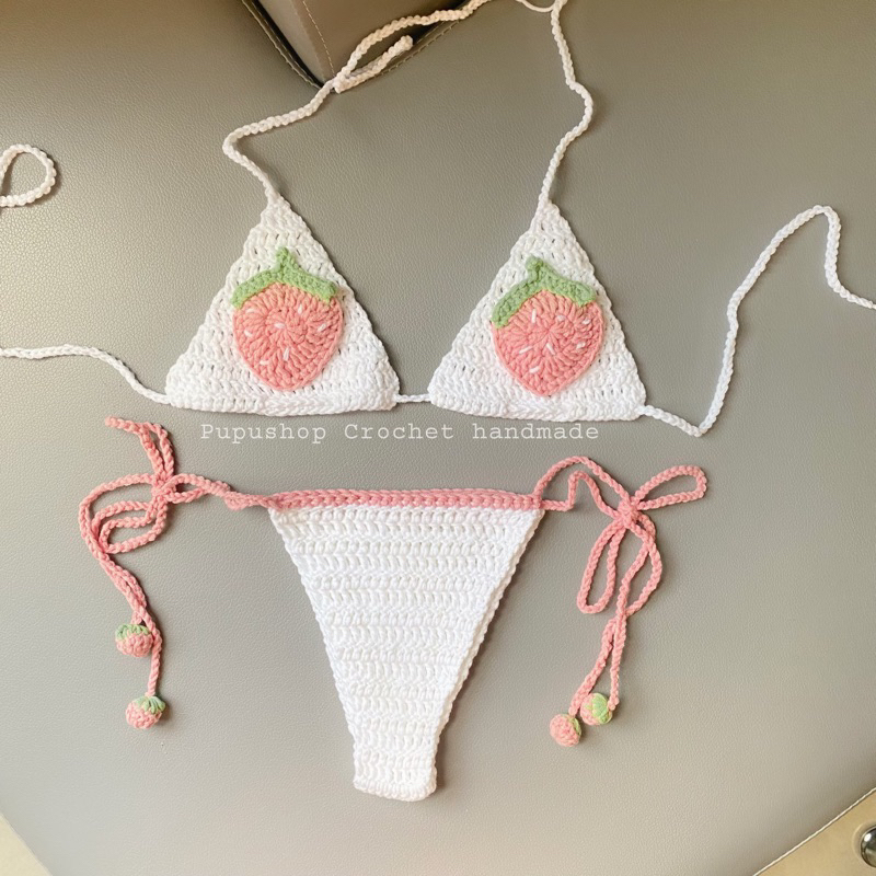 Set len móc dâu bikini -Set bikini trái dâu len móc(hàng có sẵn )