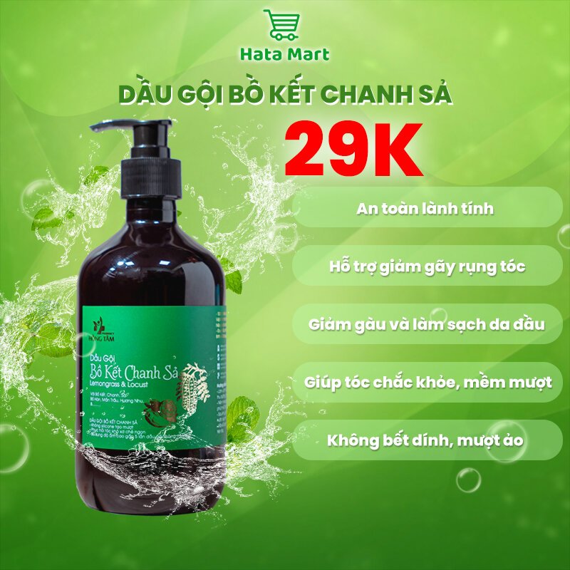 Dầu gội bồ kết chanh sả HATA 500ml, giảm gãy rụng tóc, giảm gàu, kích thích mọc tóc