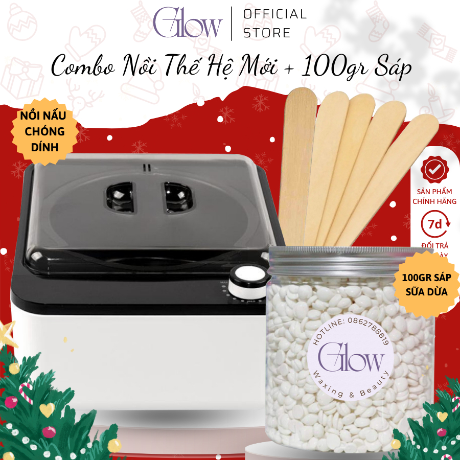 Combo 100gr Sáp Sữa Dừa Cao Cấp + Nồi Nấu Sáp Wax Lông Chống Dính GLOW WAXING Tặng Que-1001 CHE TÊN SẢN PHẨM