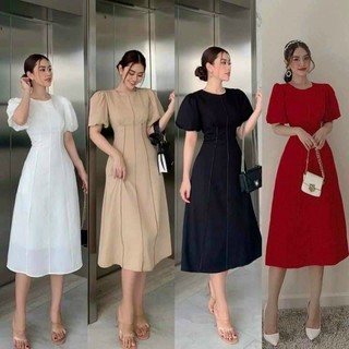 Đầm Xòe Midi Cổ Tròn Tay Phồng Kèm 2 Túi Sườn Siêu Sang - Đầm Đi Tiệc Ulzzang